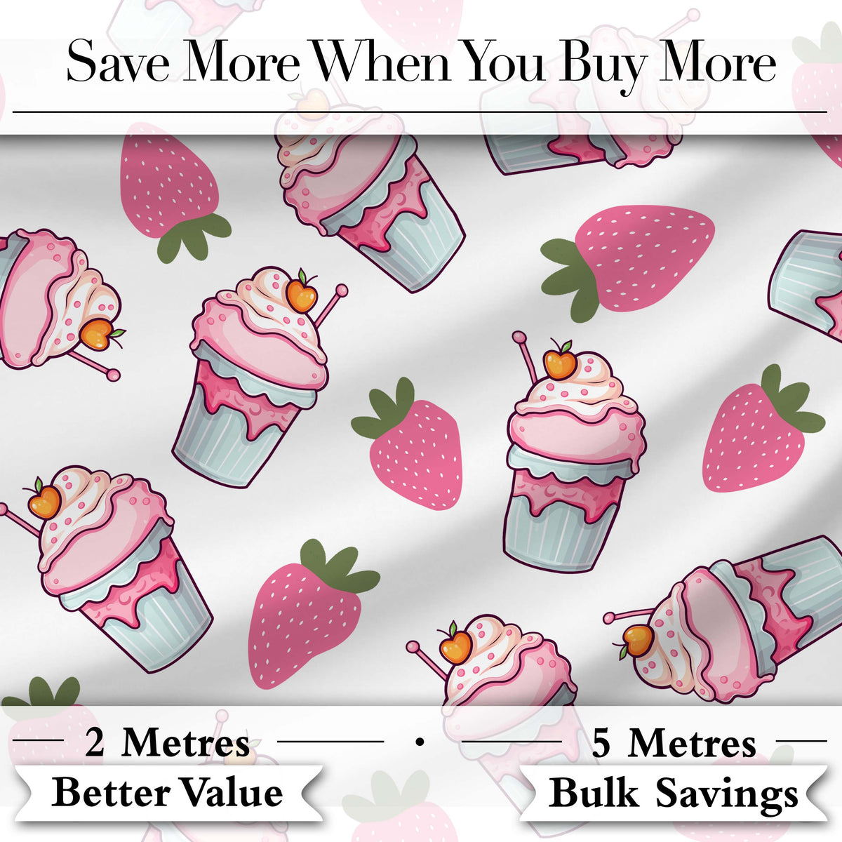 Cute Strawberry Cupcakes and Dessert Drinks Kawaii Style Seamless Pattern Digital Print Fabric by the Metre UK Sewing Quilting Textile