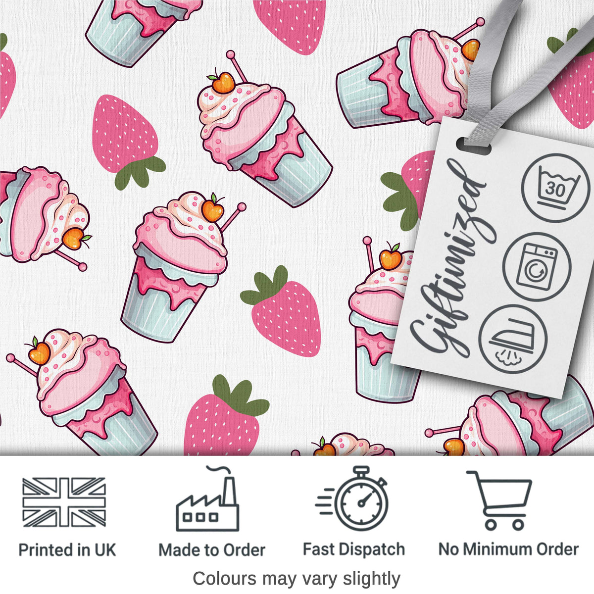 Cute Strawberry Cupcakes and Dessert Drinks Kawaii Style Seamless Pattern Digital Print Fabric by the Metre UK Sewing Quilting Textile