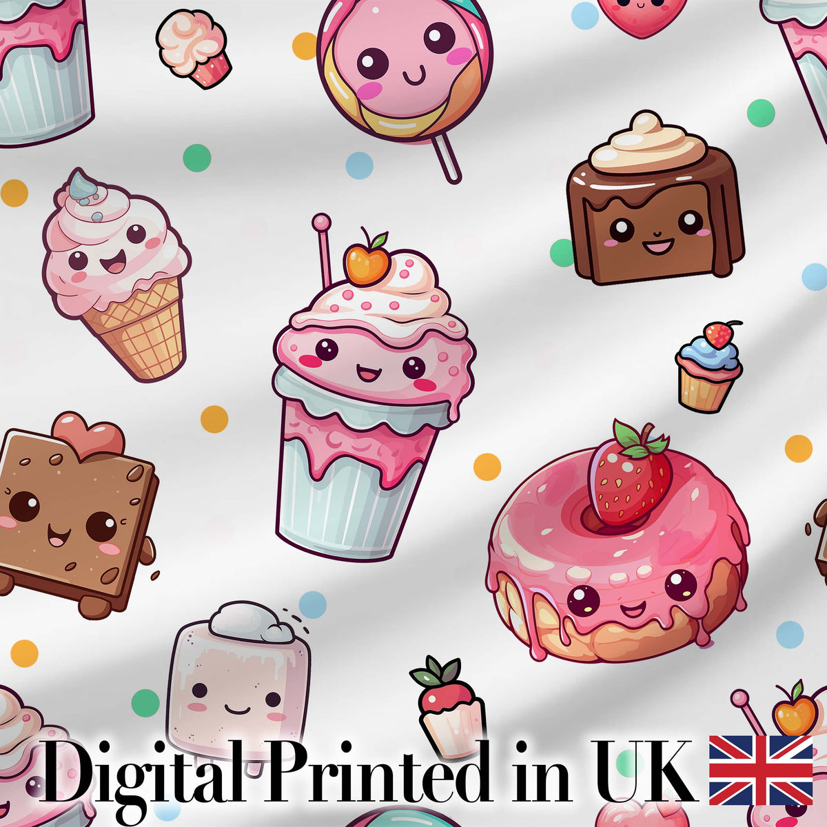 Cute Kawaii Desserts Candy Cakes and Sweet Treat Characters Seamless Pattern Digital Print Fabric by the Metre UK Sewing Quilting Textile