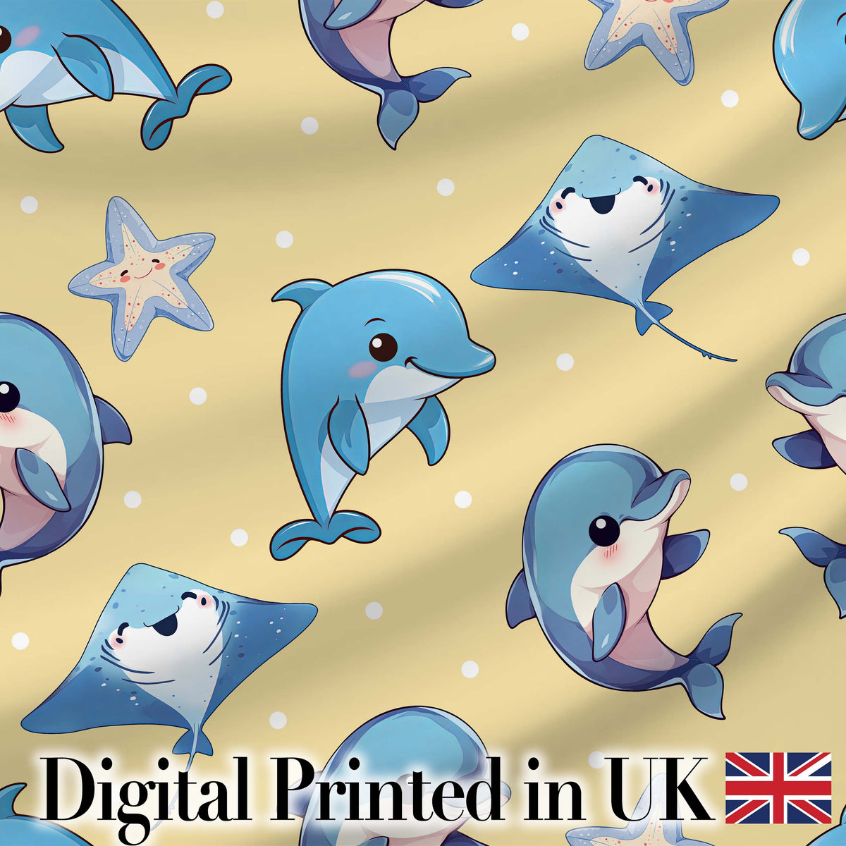 Cute Dolphins Stingrays and Starfish Ocean Animals Seamless Pattern Digital Print Fabric by the Metre UK Sewing Quilting Textile