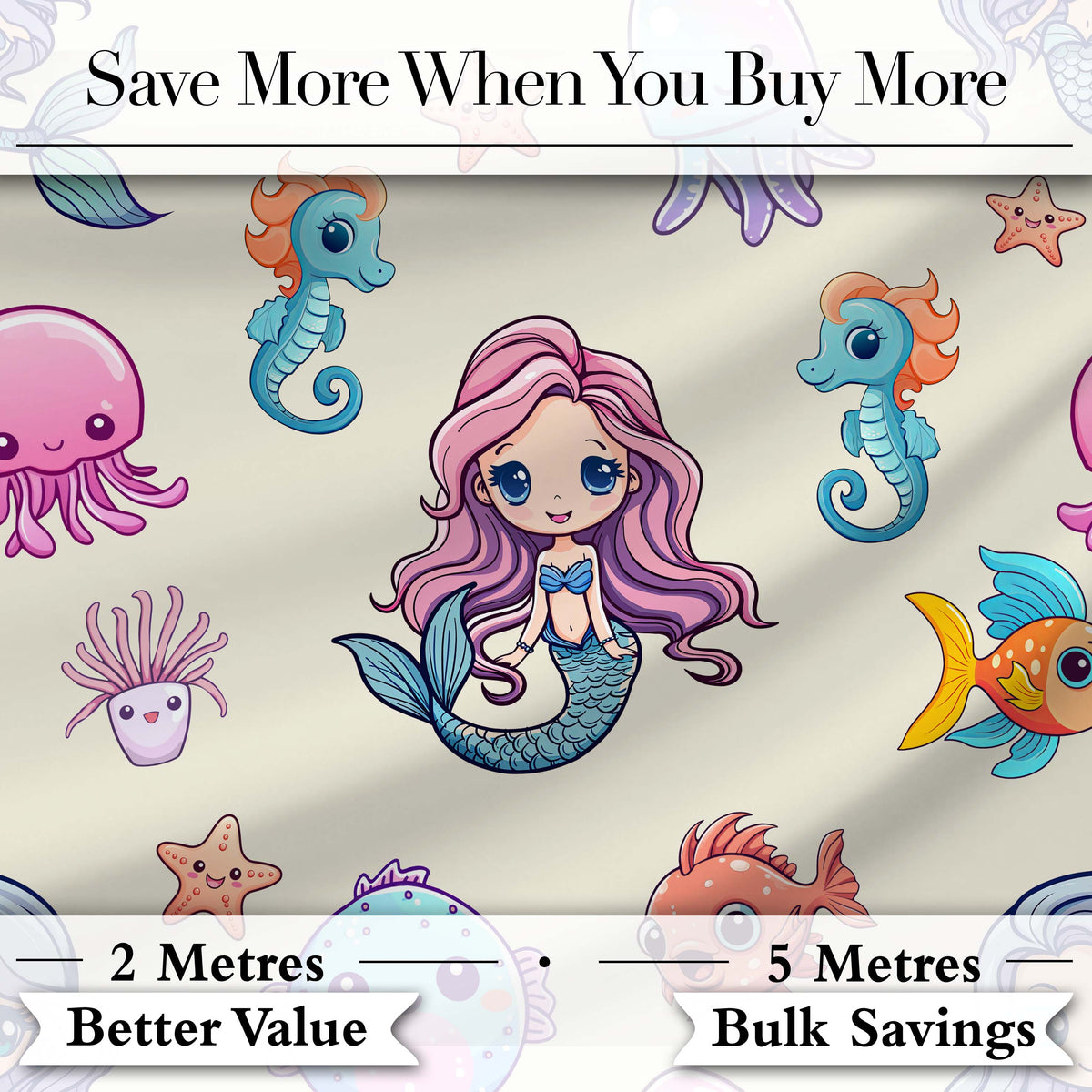 Cute Kawaii Mermaid Seahorse Jellyfish and Starfish Ocean Seamless Pattern Digital Print Fabric by the Metre UK Sewing Quilting Textile