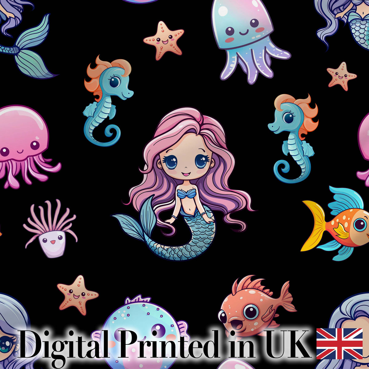 Cute Kawaii Mermaid Seahorse Jellyfish and Starfish on Black Background Digital Print Fabric by the Metre UK Sewing Quilting Textile