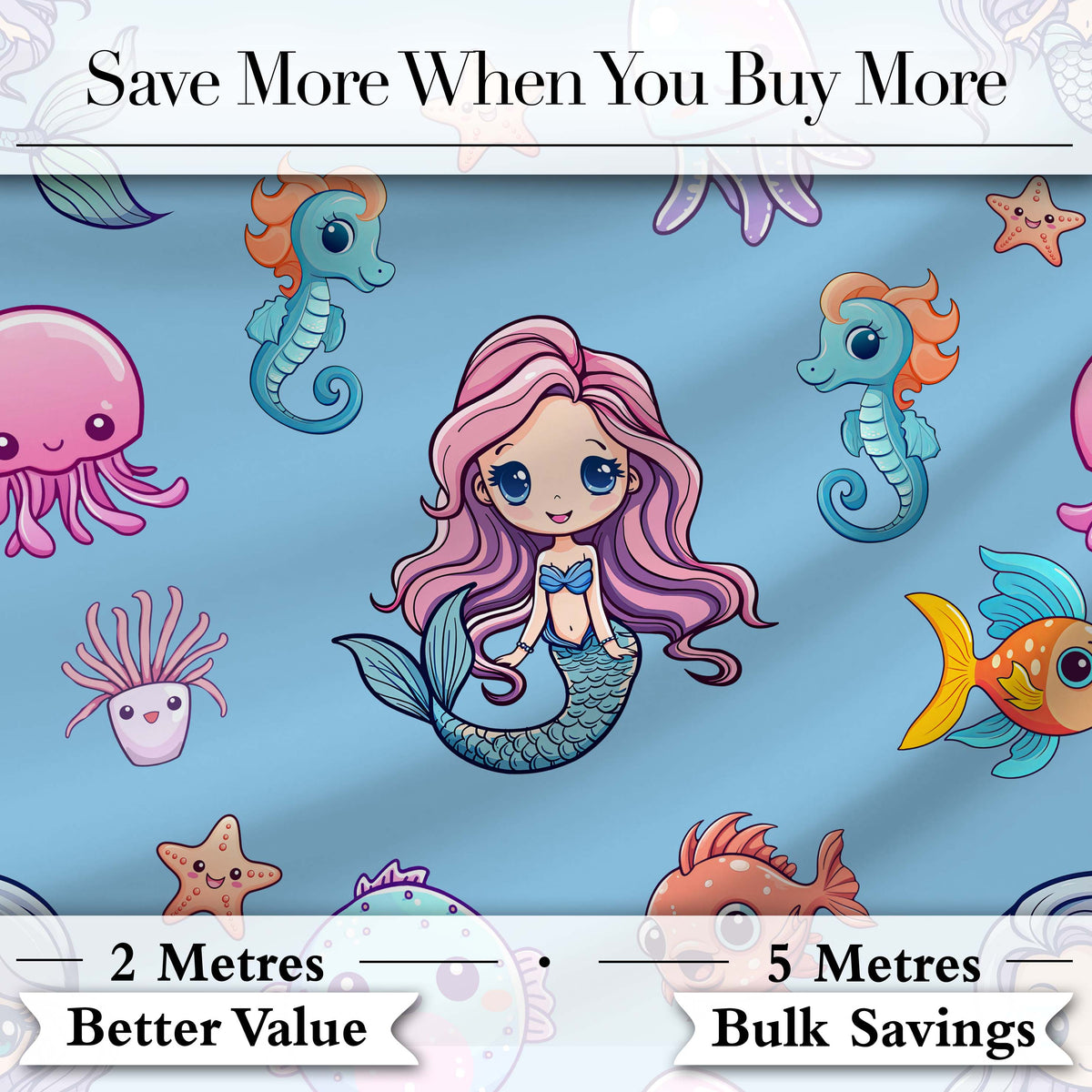 Cute Kawaii Mermaid Seahorse Jellyfish and Starfish Blue Background Pattern Digital Print Fabric by the Metre UK Sewing Quilting Textile
