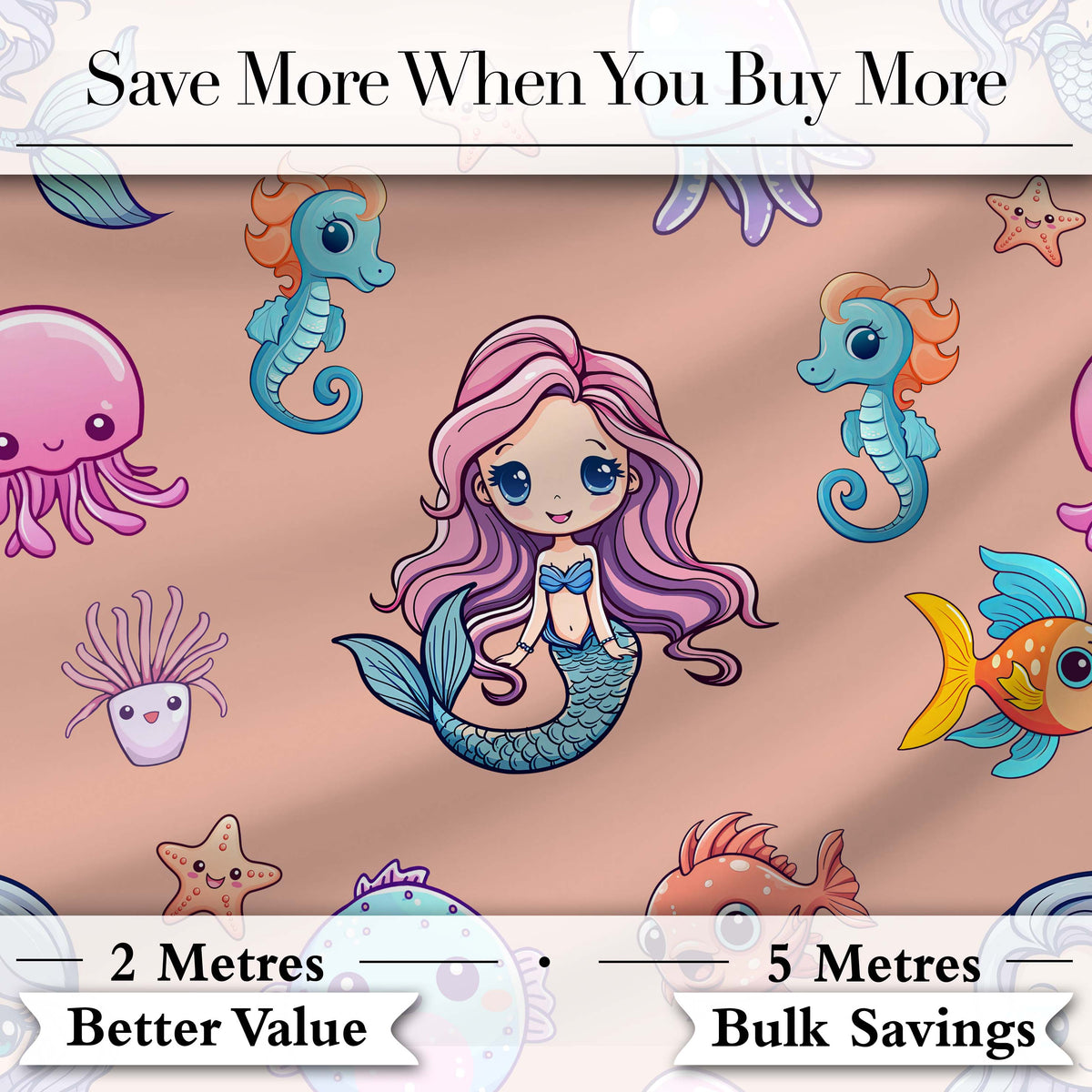 Cute Kawaii Mermaid Seahorse Jellyfish and Starfish Peach Background Pattern Digital Print Fabric by the Metre UK Sewing Quilting Textile