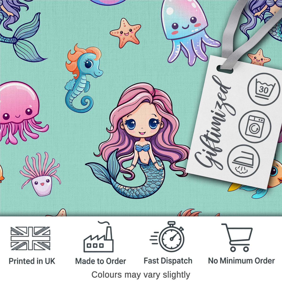 Cute Kawaii Mermaid Seahorse Jellyfish and Starfish Mint Background Pattern Digital Print Fabric by the Metre UK Sewing Quilting Textile