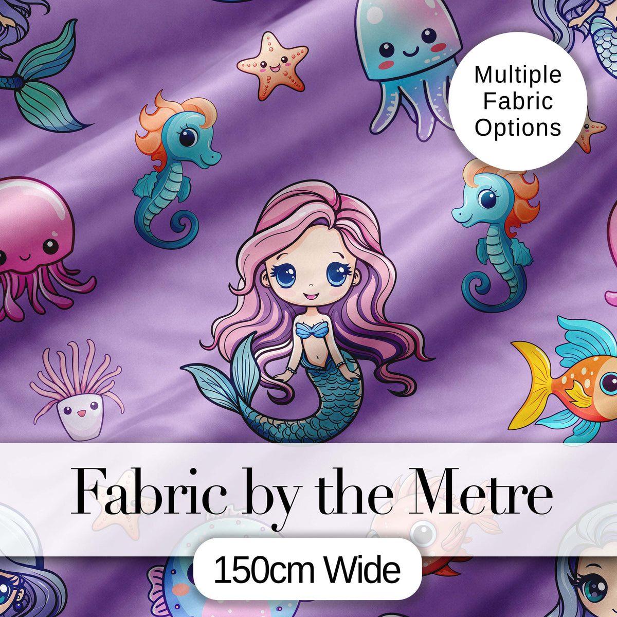 Cute Kawaii Mermaid Seahorse Jellyfish and Starfish Purple Background Pattern Digital Print Fabric by the Metre UK Sewing Quilting Textile