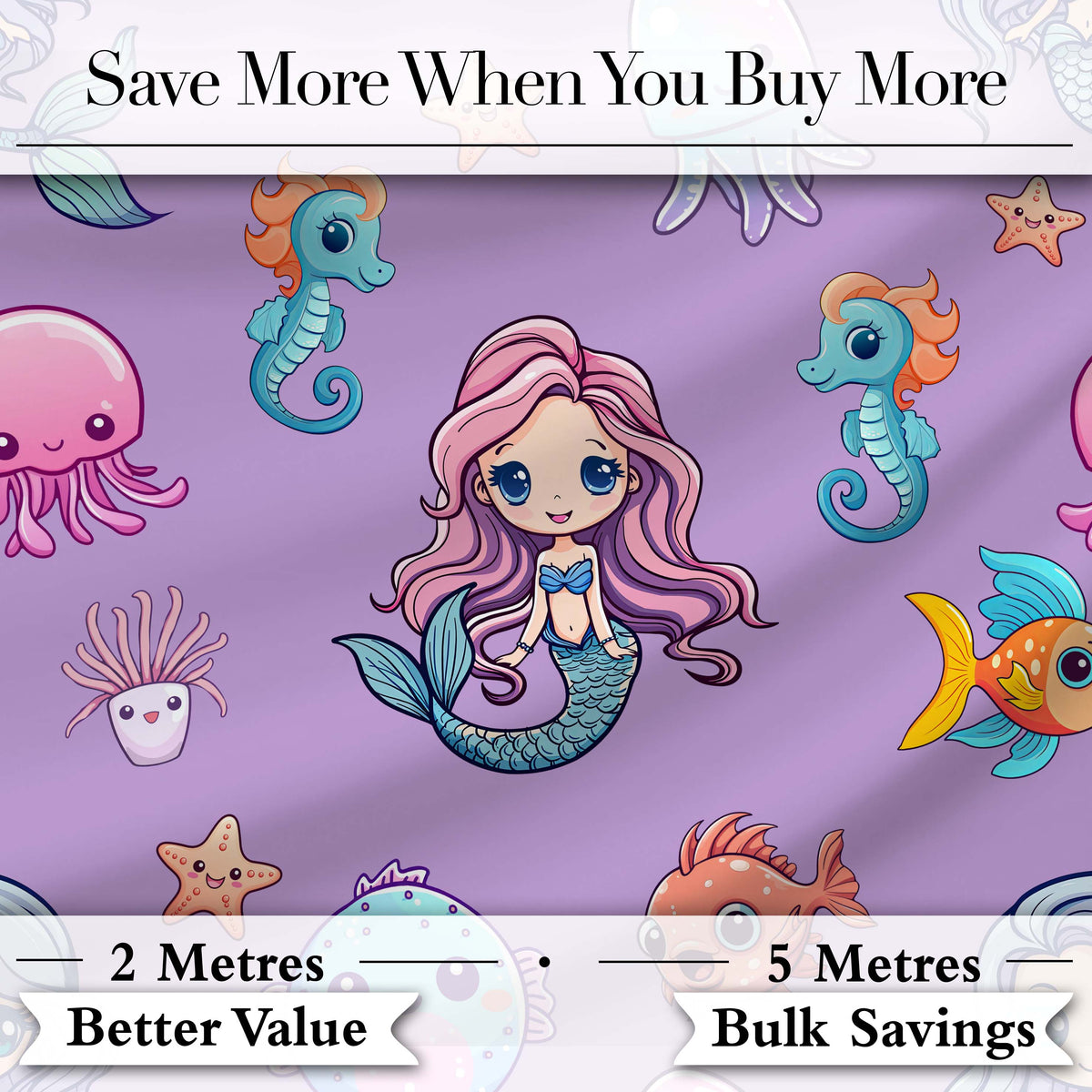 Cute Kawaii Mermaid Seahorse Jellyfish and Starfish Purple Background Pattern Digital Print Fabric by the Metre UK Sewing Quilting Textile