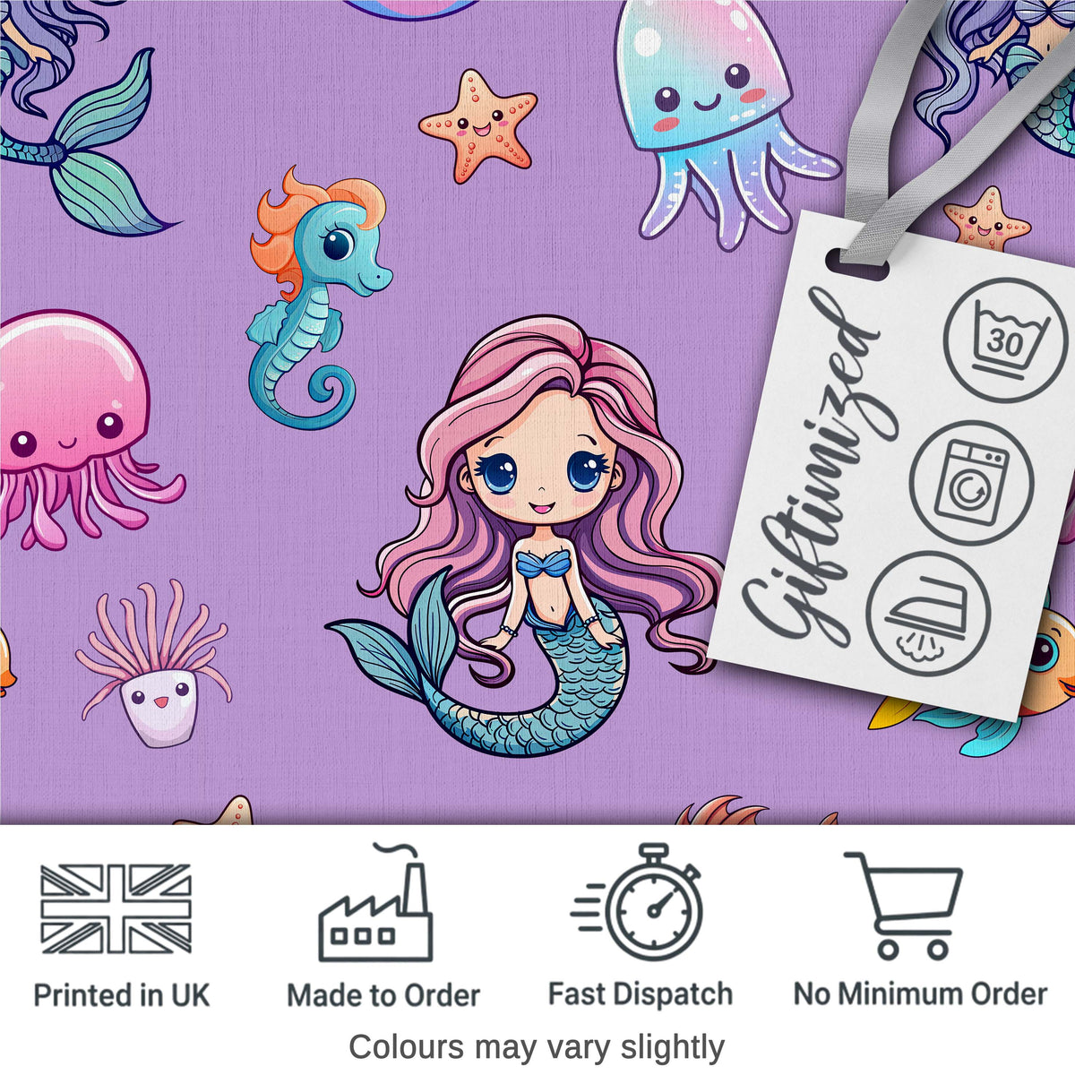 Cute Kawaii Mermaid Seahorse Jellyfish and Starfish Purple Background Pattern Digital Print Fabric by the Metre UK Sewing Quilting Textile