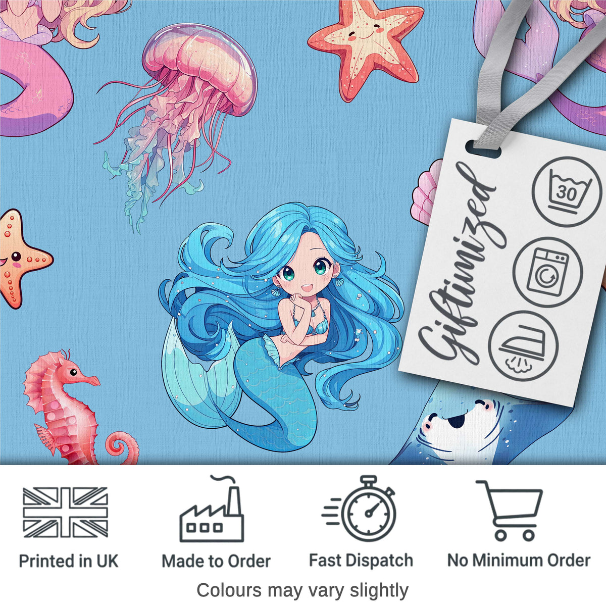 Cute Blue Hair Mermaid Jellyfish Seahorse Light Blue Background Pattern Digital Print Fabric by the Metre UK Sewing Quilting Textile