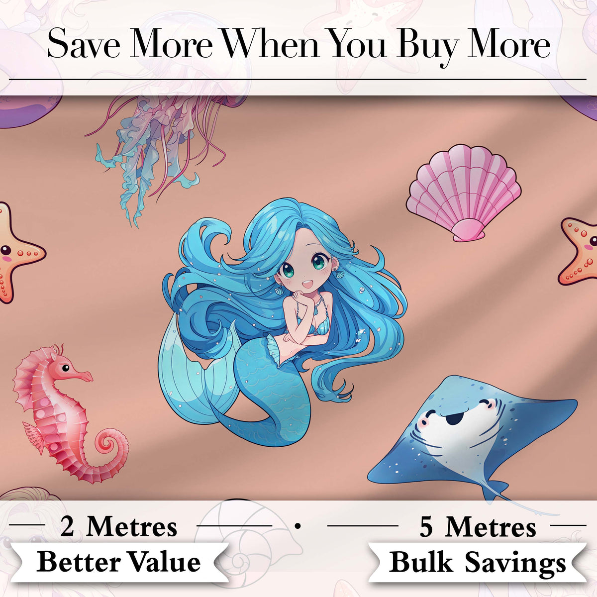 Cute Blue Hair Mermaid Jellyfish Seahorse Peach Background Seamless Pattern Digital Print Fabric by the Metre UK Sewing Quilting Textile