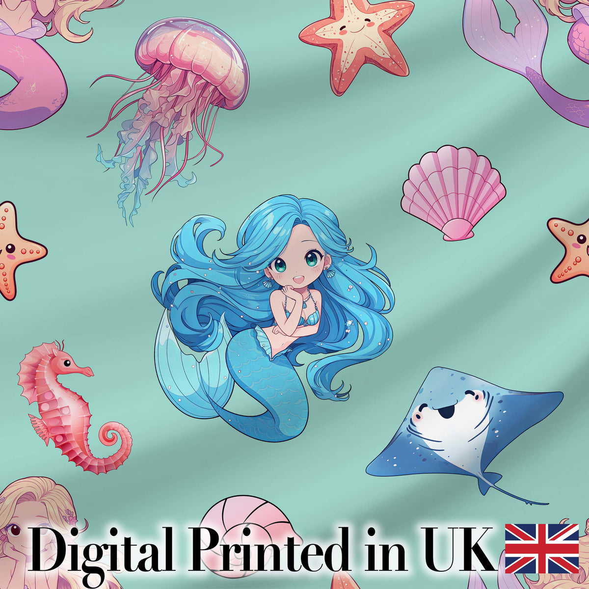 Cute Blue Hair Mermaid Jellyfish Seahorse Mint Background Seamless Pattern Digital Print Fabric by the Metre UK Sewing Quilting Textile