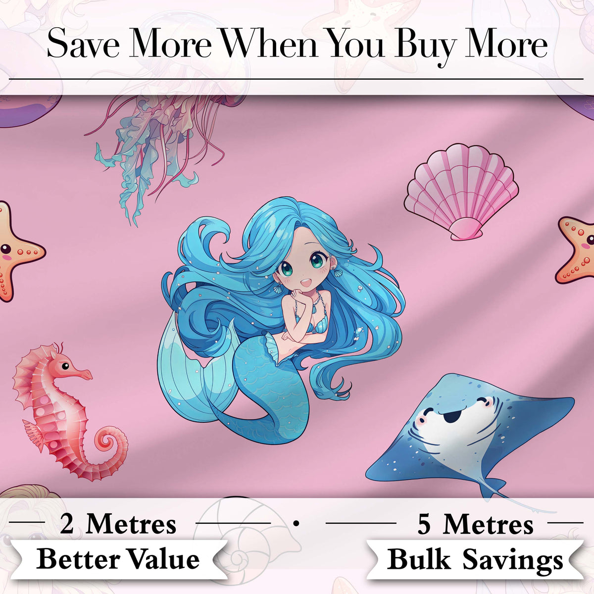 Cute Blue Mermaid Jellyfish Seahorse and Ocean Creatures Soft Pink Background Digital Print Fabric by the Metre UK Sewing Quilting Textile