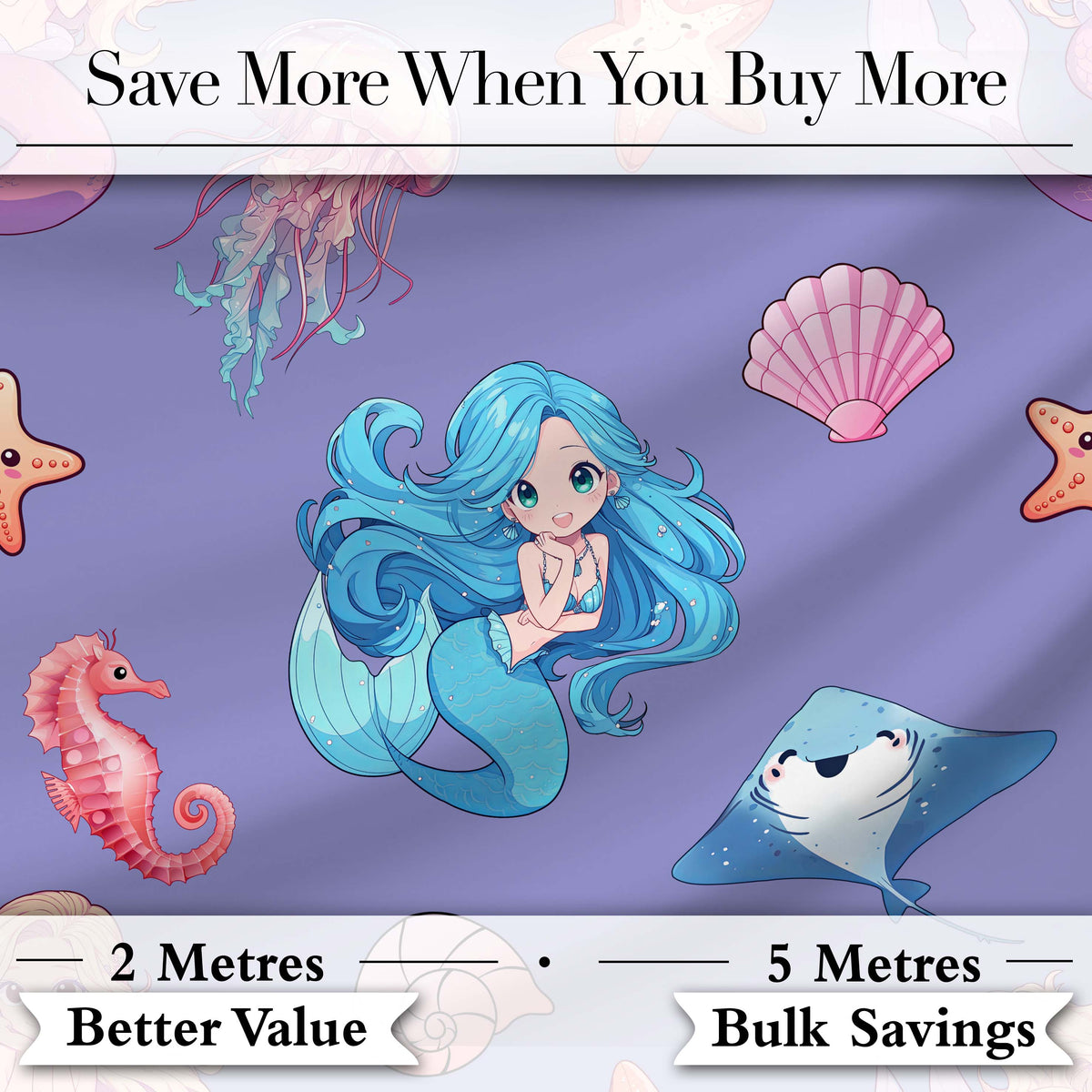 Cute Blue Mermaid Jellyfish Seahorse and Ocean Creatures Purple Background Digital Print Fabric by the Metre UK Sewing Quilting Textile