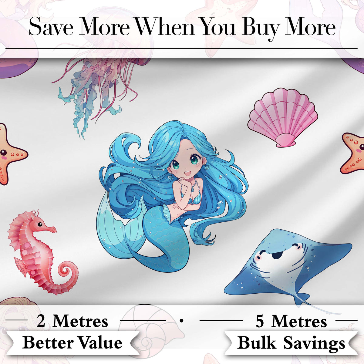 Cute Blue Mermaid Jellyfish Seahorse and Ocean Creatures Light Grey Background Digital Print Fabric by the Metre UK Sewing Quilting Textile