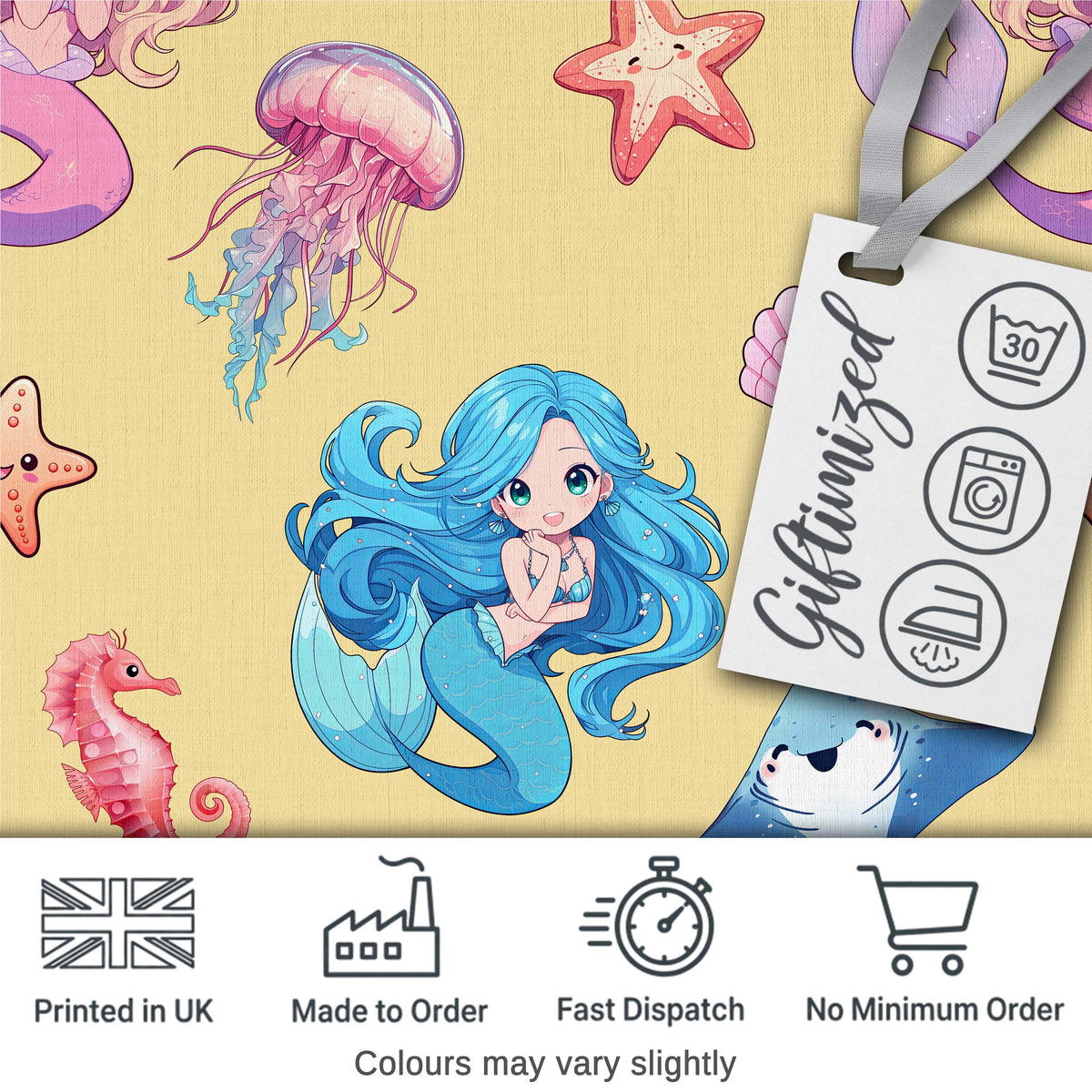 Cute Blue Mermaid Jellyfish Seahorse and Ocean Creatures Soft Yellow Background Digital Print Fabric by the Metre UK Sewing Quilting Textile