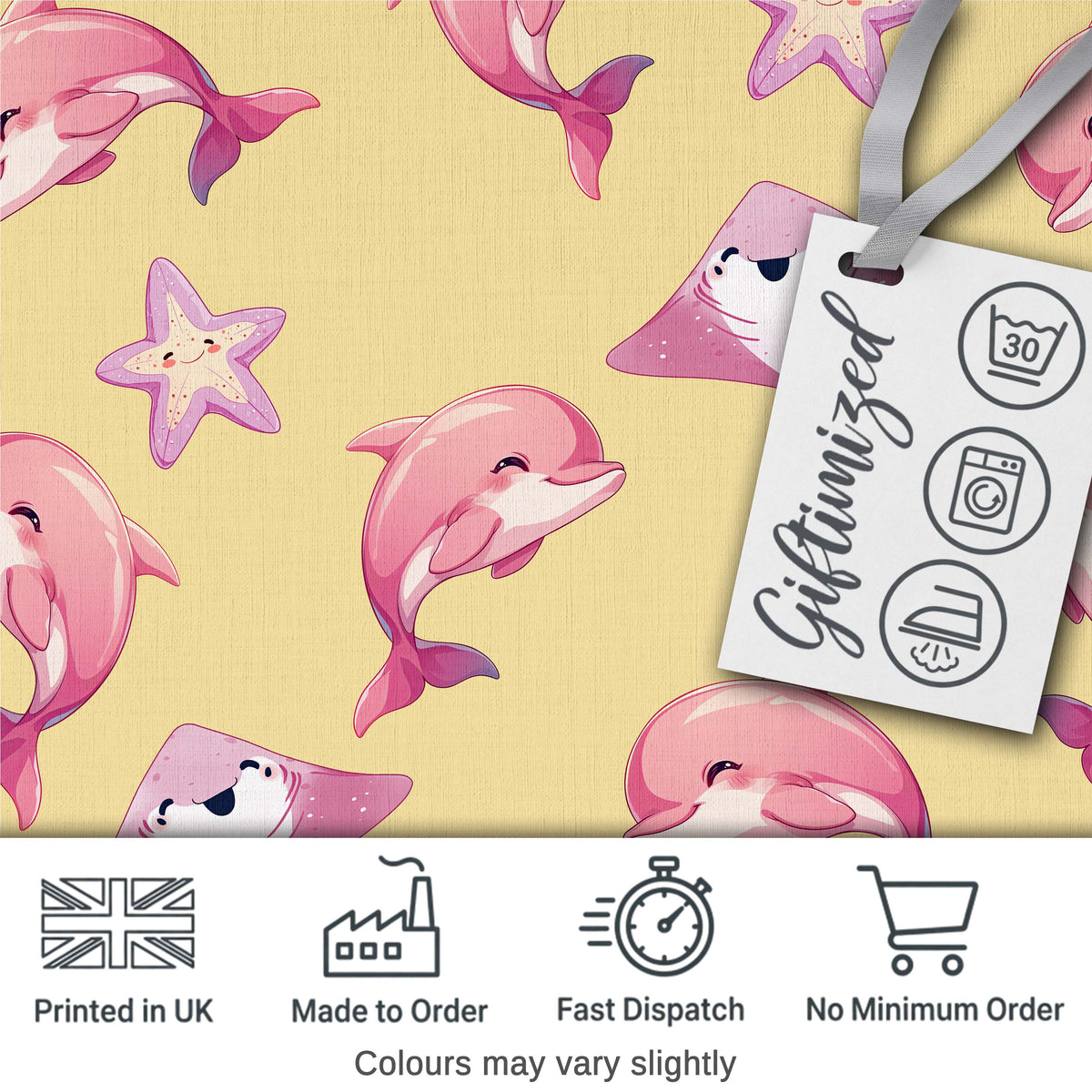Cute Pink Dolphin Stingray Starfish Ocean Creatures Yellow Background Pattern Digital Print Fabric by the Metre UK Sewing Quilting Textile