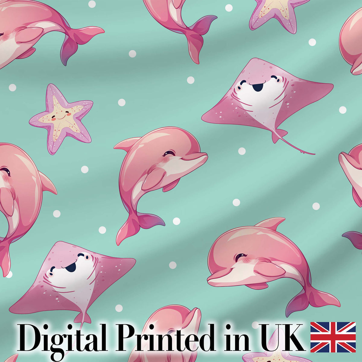 Pink Dolphin Stingray Starfish Ocean Creatures Mint Green Polka Dot Background Digital Print Fabric by the Metre UK Sewing Quilting Textile