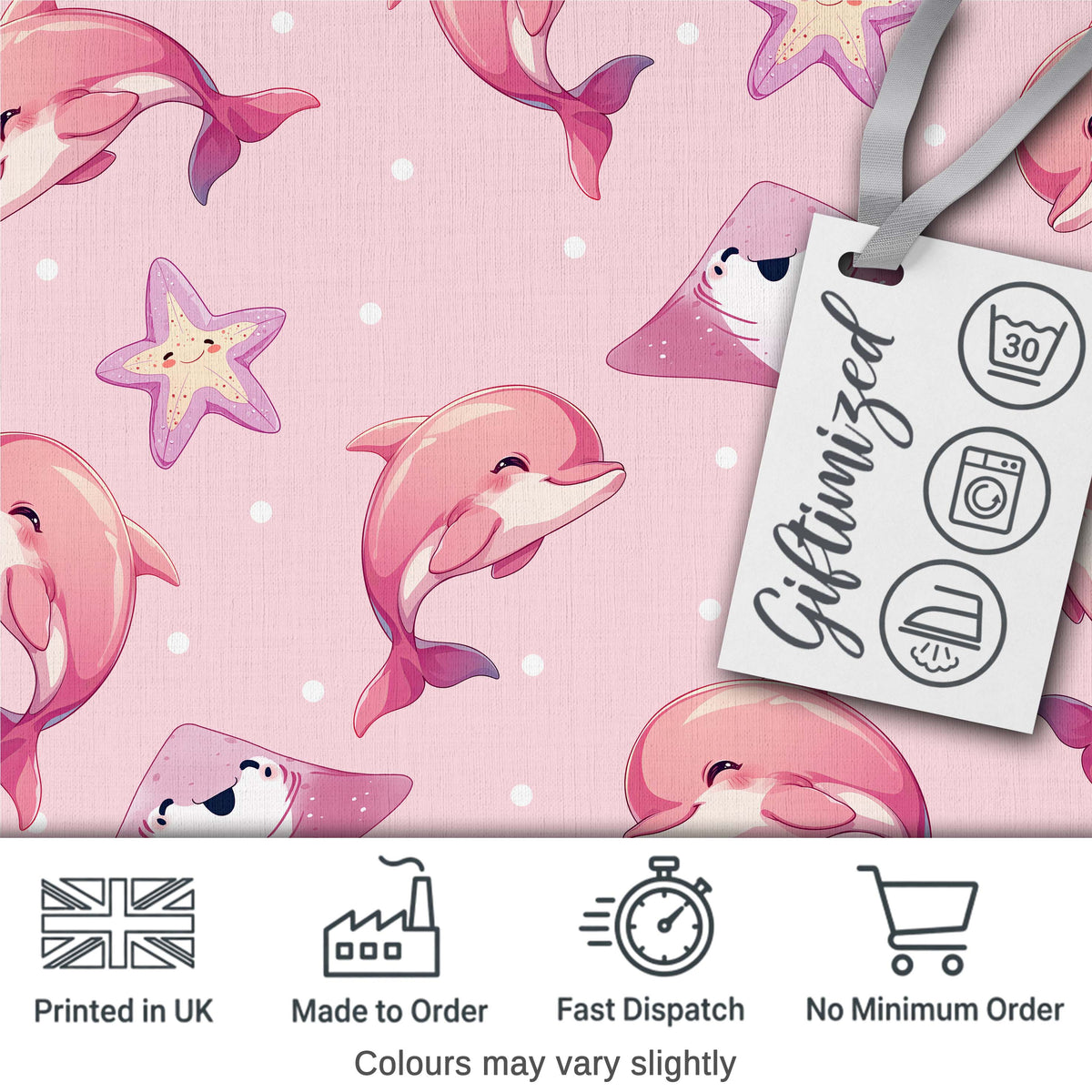 Pink Dolphin Stingray Starfish Ocean Creatures Soft Blush Polka Dot Background Digital Print Fabric by the Metre UK Sewing Quilting Textile
