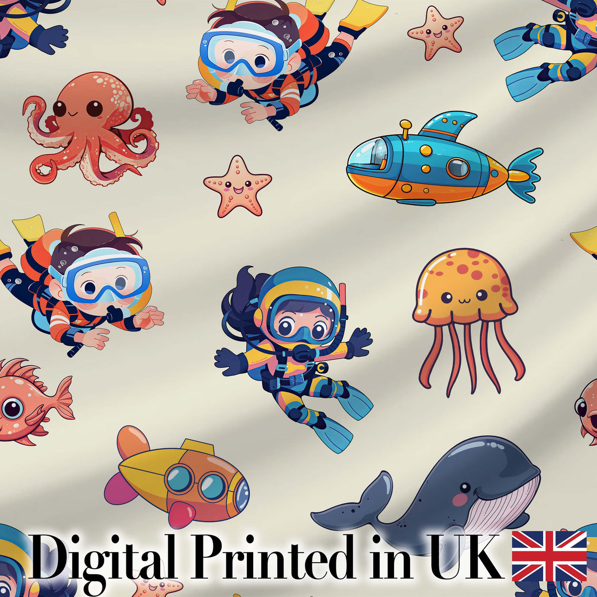 Kids Scuba Divers Submarine Jellyfish Ocean Animals Cream Background Digital Print Fabric by the Metre UK Sewing Quilting Textile