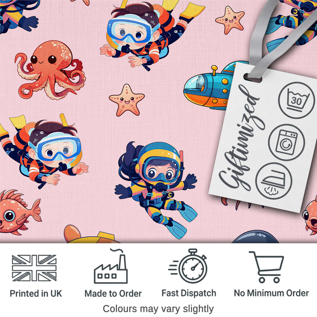 Kids Scuba Divers Submarine Jellyfish Ocean Animals Soft Pink Background Digital Print Fabric by the Metre UK Sewing Quilting Textile