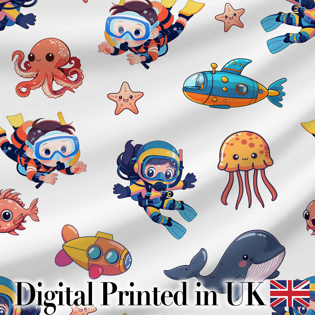 Kids Scuba Divers Submarine Jellyfish Ocean Animals Light Grey Background Digital Print Fabric by the Metre UK Sewing Quilting Textile