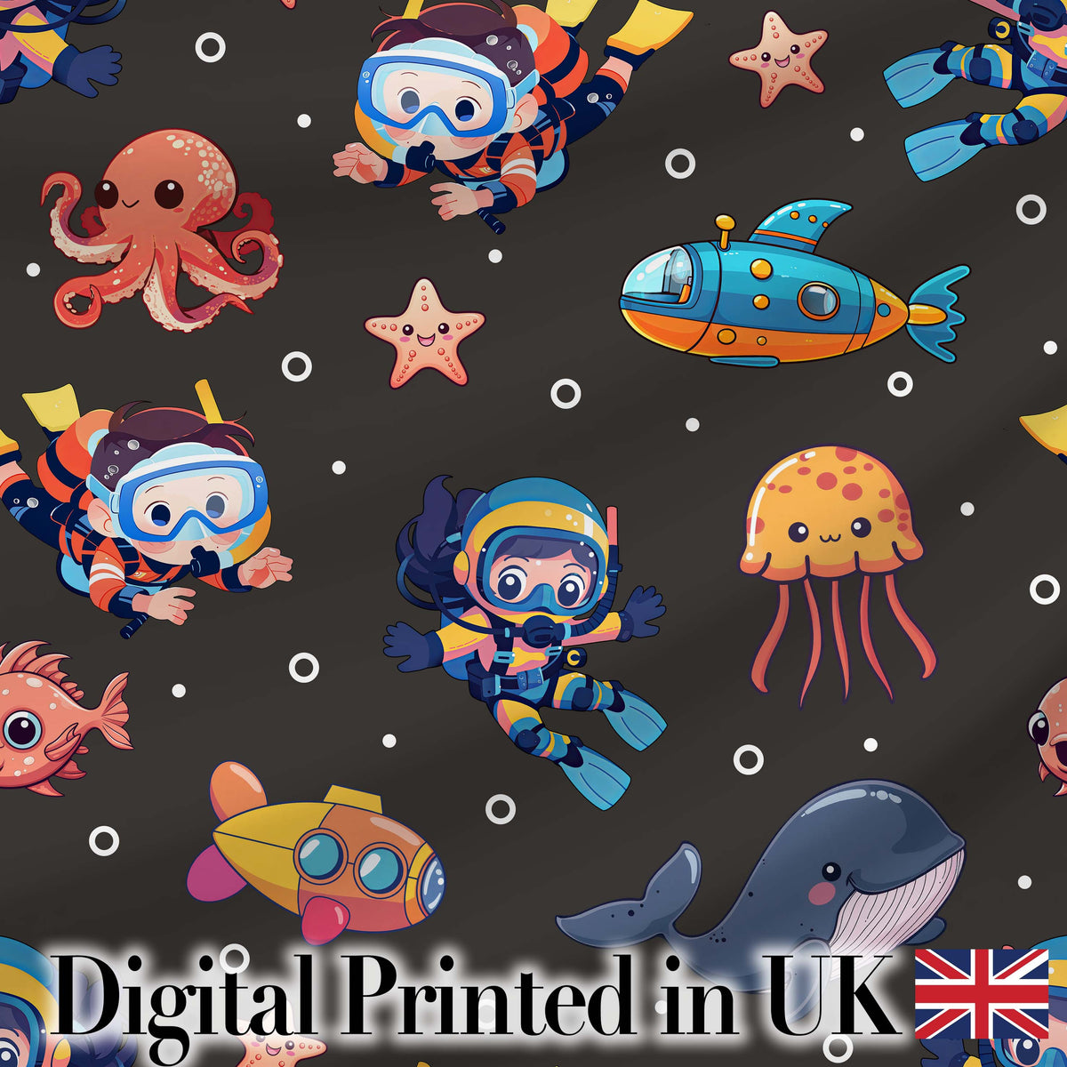 Kid Scuba Diver Submarine Jellyfish Ocean Animal Charcoal Bubble Background Digital Print Fabric by the Metre UK Sewing Quilting Textile