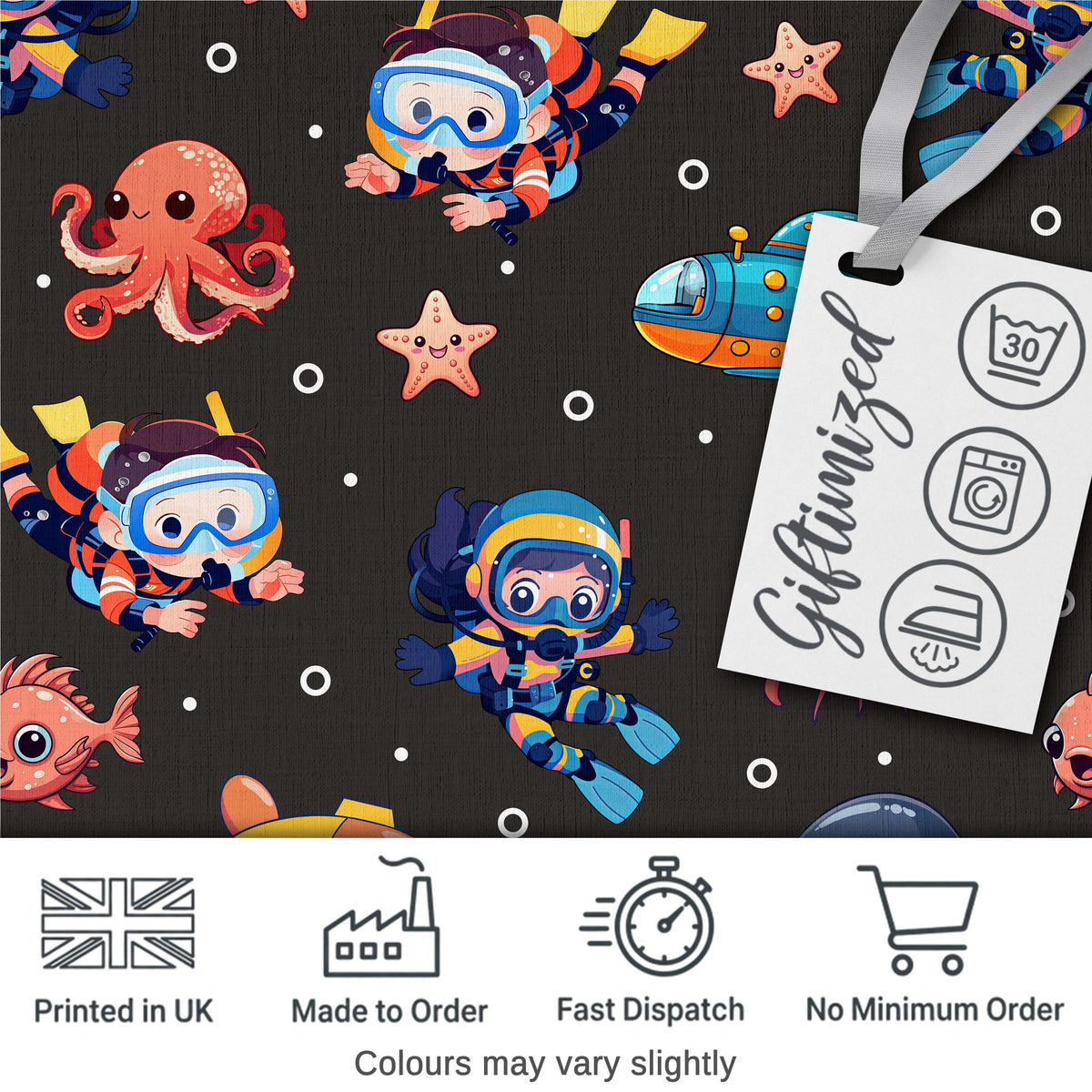 Kid Scuba Diver Submarine Jellyfish Ocean Animal Charcoal Bubble Background Digital Print Fabric by the Metre UK Sewing Quilting Textile
