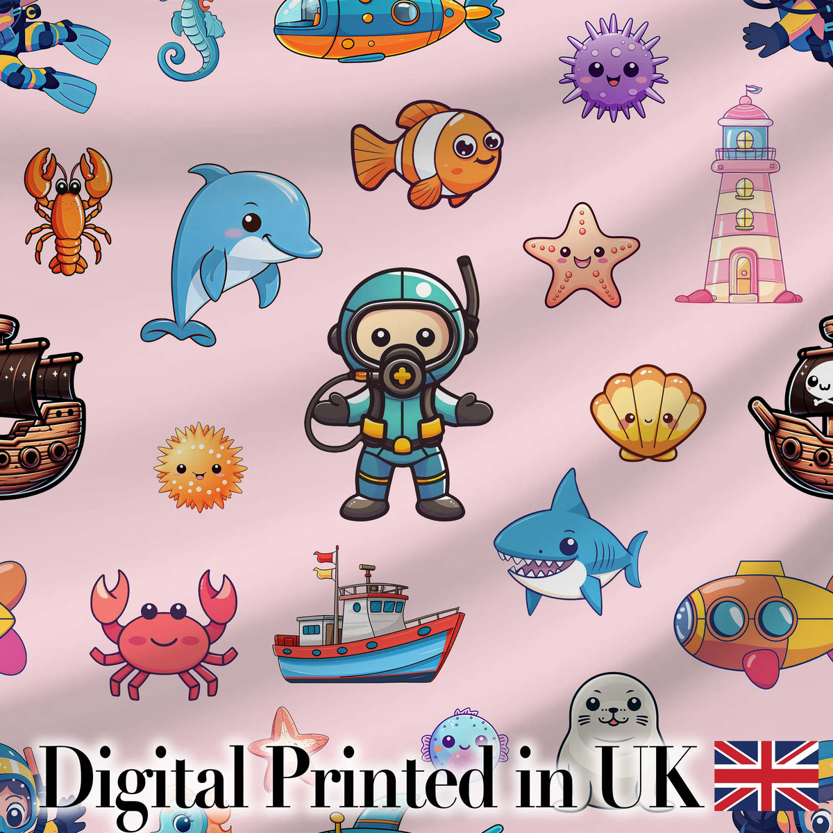 Cartoon Sea Animal Diver Dolphin Shark Boat Lighthouse Soft Pink Background Digital Print Fabric by the Metre UK Sewing Quilting Textile