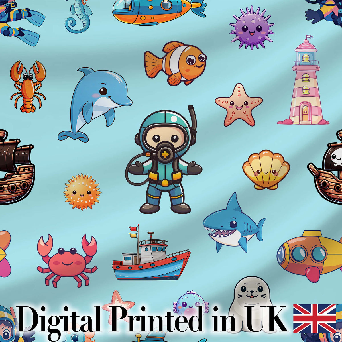 Cartoon Sea Animals Diver Dolphin Shark Boat Lighthouse Light Blue Background Digital Print Fabric by the Metre UK Sewing Quilting Textile