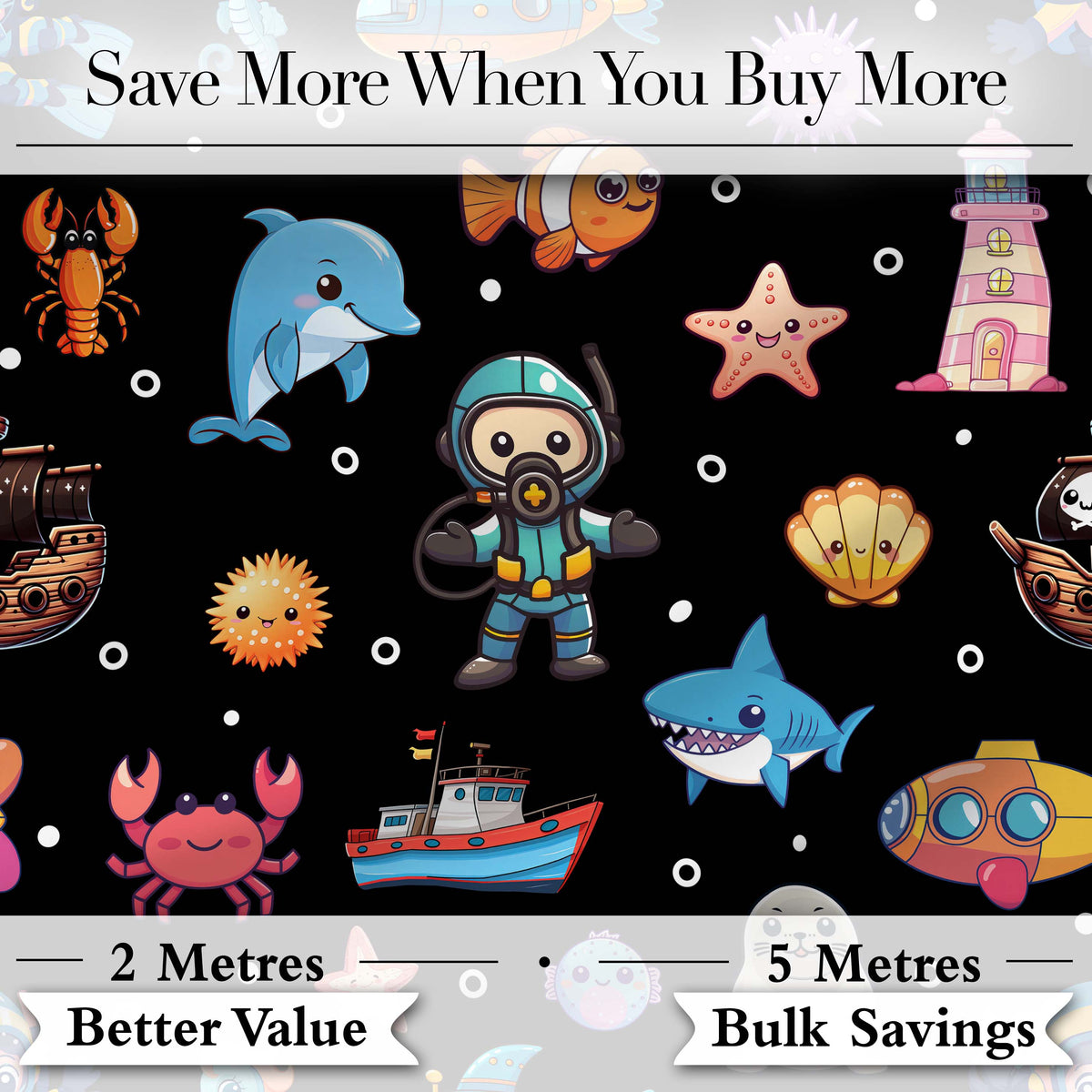 Cartoon Sea Animals Diver Dolphin Shark Lighthouse Black Bubble Background Digital Print Fabric by the Metre UK Sewing Quilting Textile