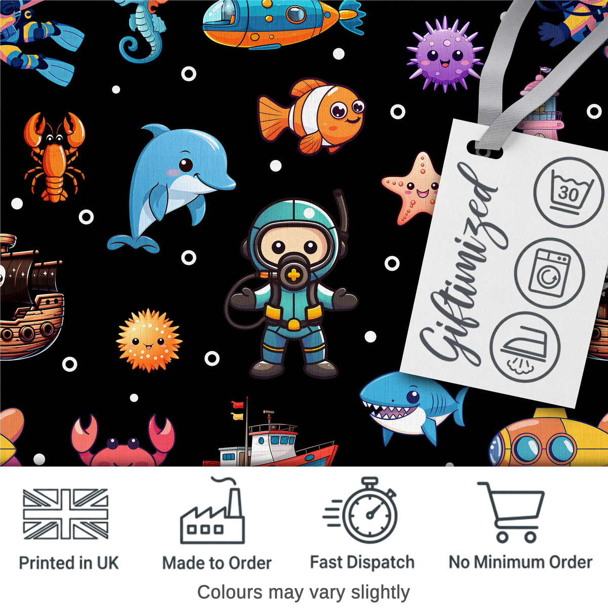 Cartoon Sea Animals Diver Dolphin Shark Lighthouse Black Bubble Background Digital Print Fabric by the Metre UK Sewing Quilting Textile