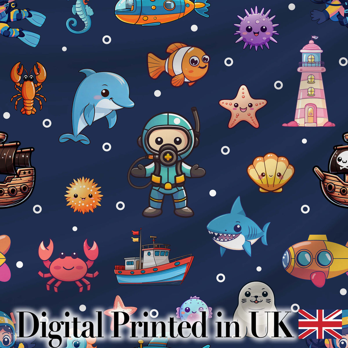Cartoon Sea Animals Diver Dolphin Shark Crab Boat Navy Blue Bubble Background Digital Print Fabric by the Metre UK Sewing Quilting Textile