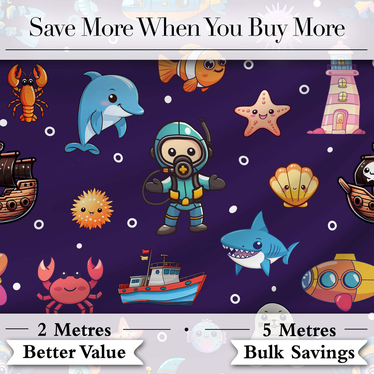 Cartoon Sea Animals Diver Dolphin Shark Crab Boat Purple Bubble Background Digital Print Fabric by the Metre UK Sewing Quilting Textile