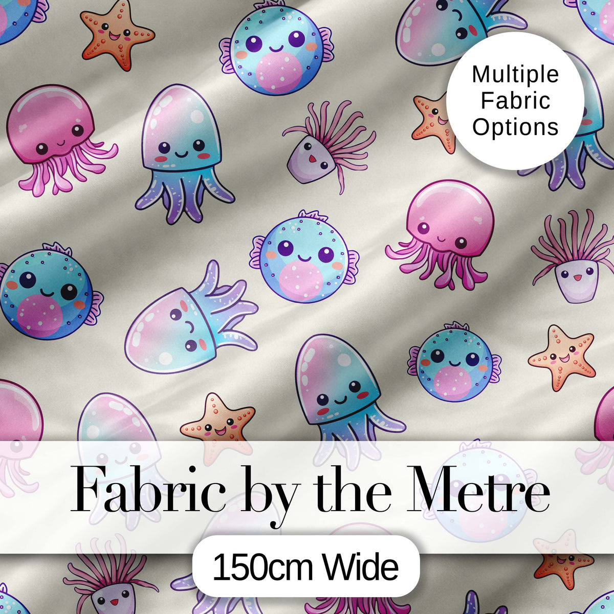 Cute Kawaii Jellyfish Starfish Pastel Ocean Creatures Cream Background Pattern Digital Print Fabric by the Metre UK Sewing Quilting Textile