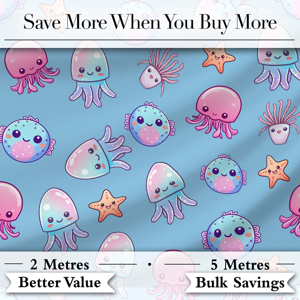 Kawaii Jellyfish Puffer Fish Starfish Pastel Ocean Creatures Blue Background Digital Print Fabric by the Metre UK Sewing Quilting Textile