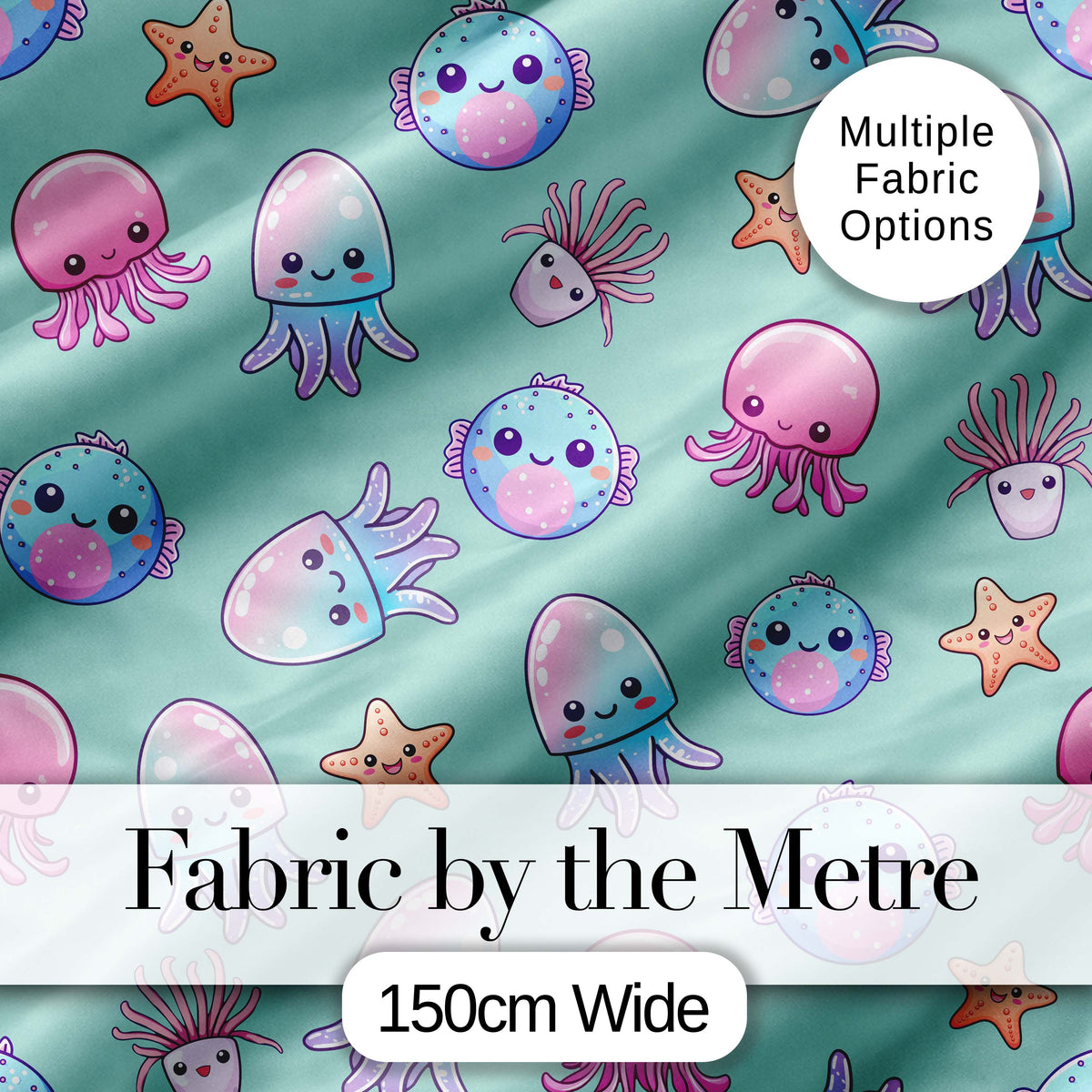 Kawaii Jellyfish Puffer Fish Starfish Pastel Ocean Creatures Mint Background Digital Print Fabric by the Metre UK Sewing Quilting Textile