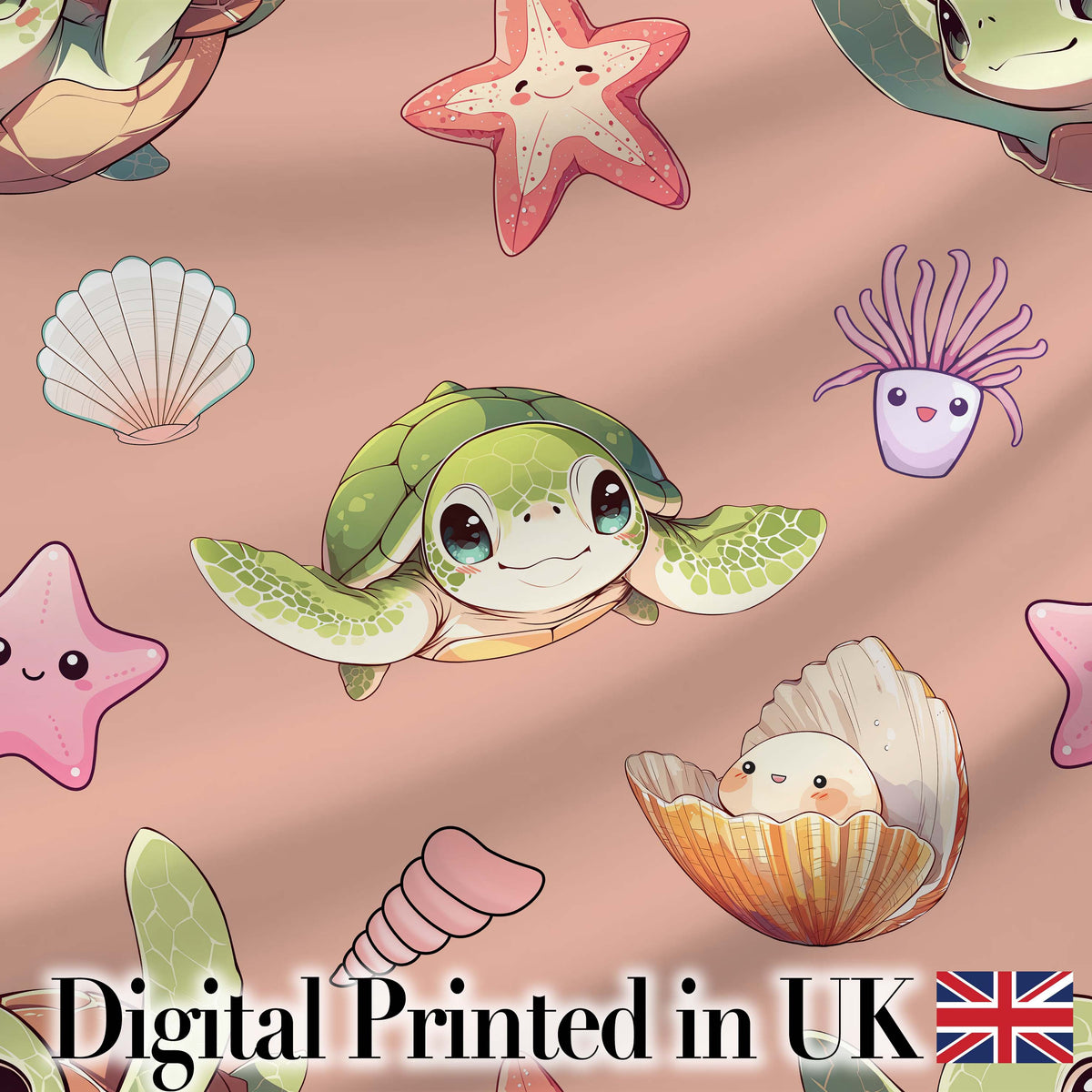 Cute Kawaii Sea Turtle Starfish Shells Ocean Friends Peach Background Pattern Digital Print Fabric by the Metre UK Sewing Quilting Textile