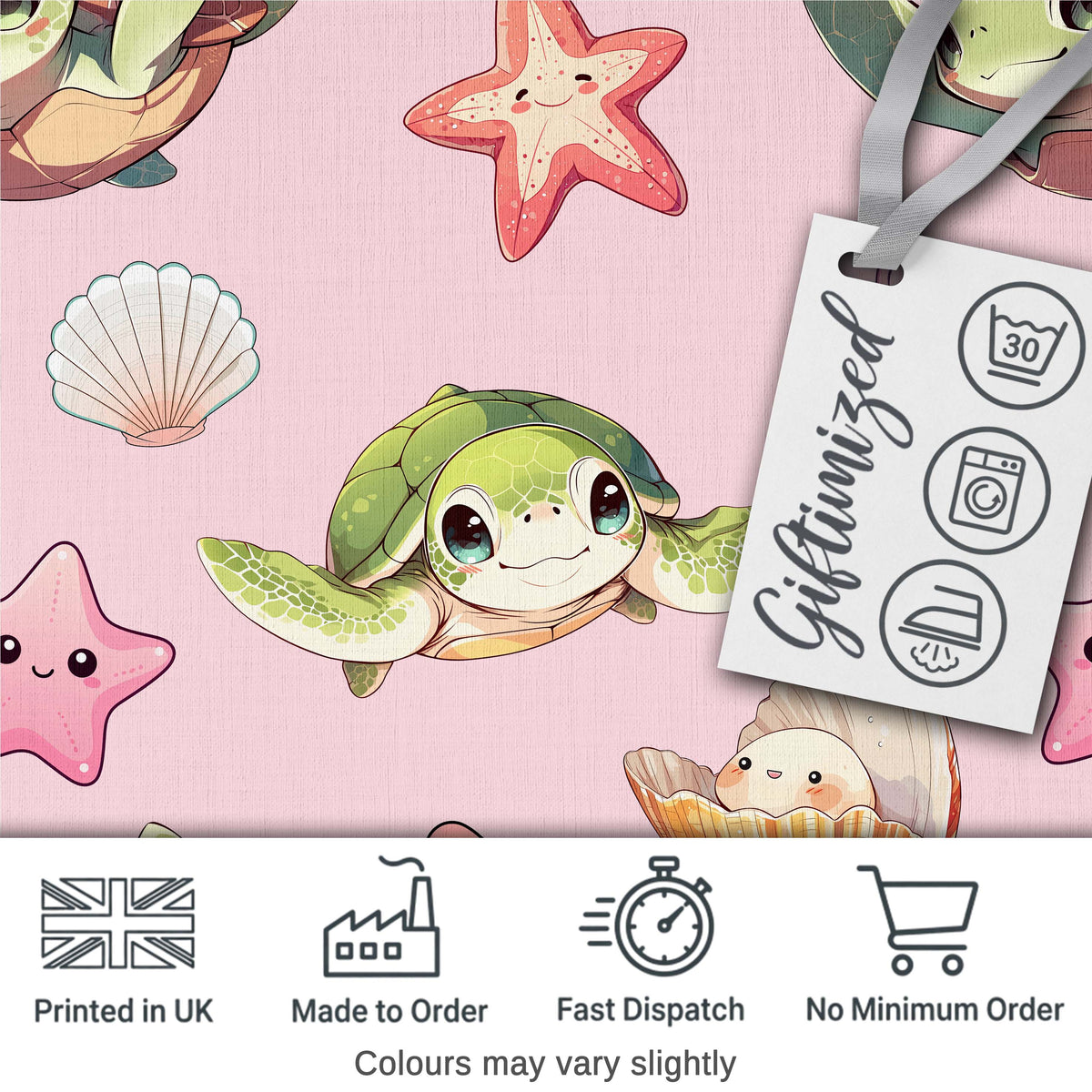 Cute Kawaii Sea Turtle Starfish Shells Ocean Friends Blush Background Pattern Digital Print Fabric by the Metre UK Sewing Quilting Textile