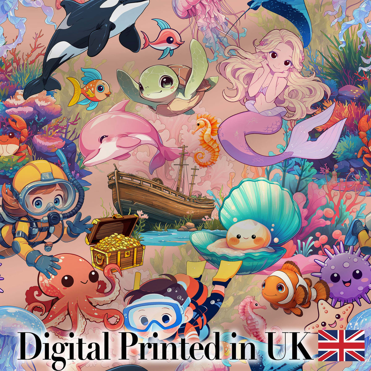 Cute Underwater Ocean Scene Mermaid Dolphin Turtle Treasure Peach Pattern Digital Print Fabric by the Metre UK Sewing Quilting Textile