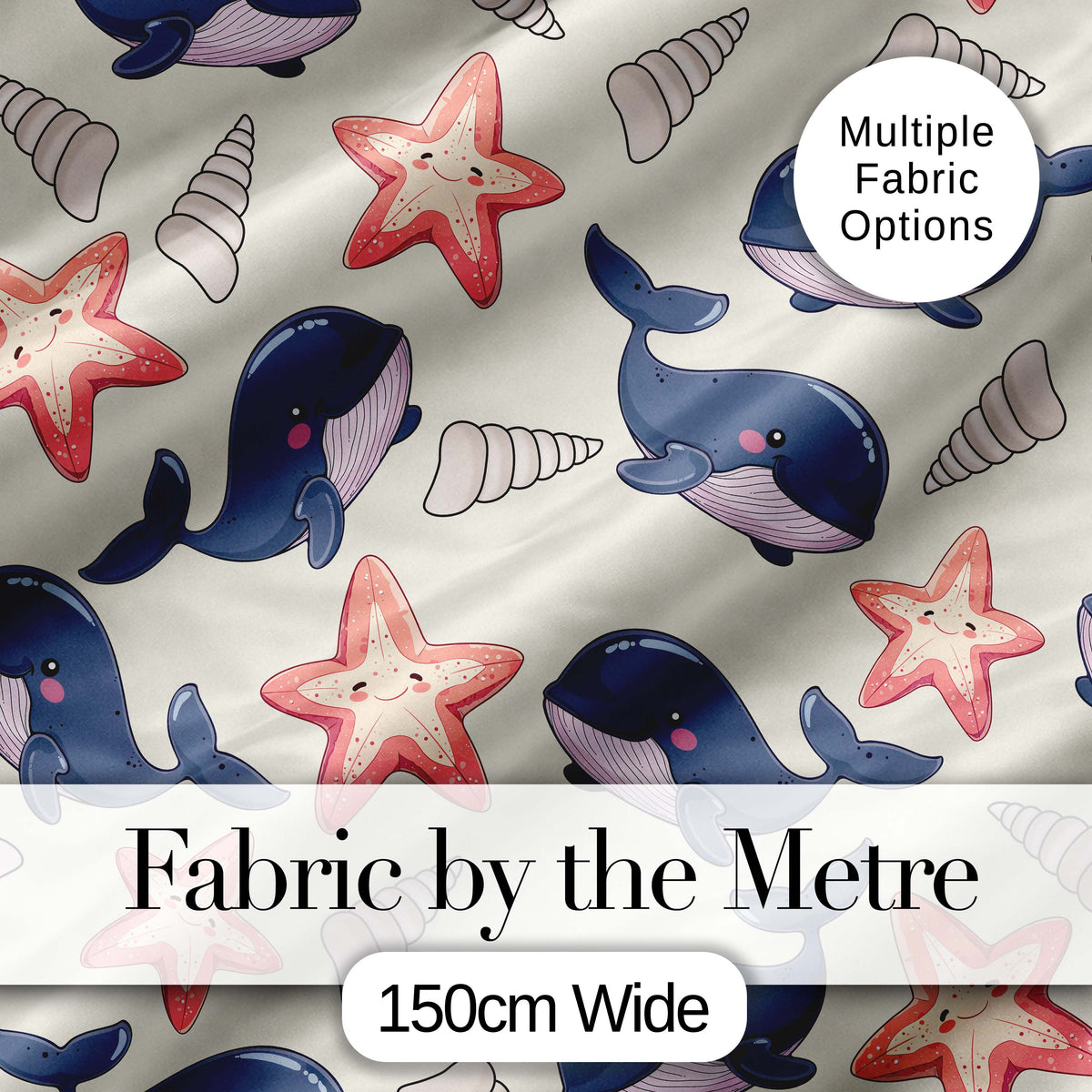 Cute Kawaii Whale Starfish Seashell Ocean Animals Beige Background Pattern Digital Print Fabric by the Metre UK Sewing Quilting Textile