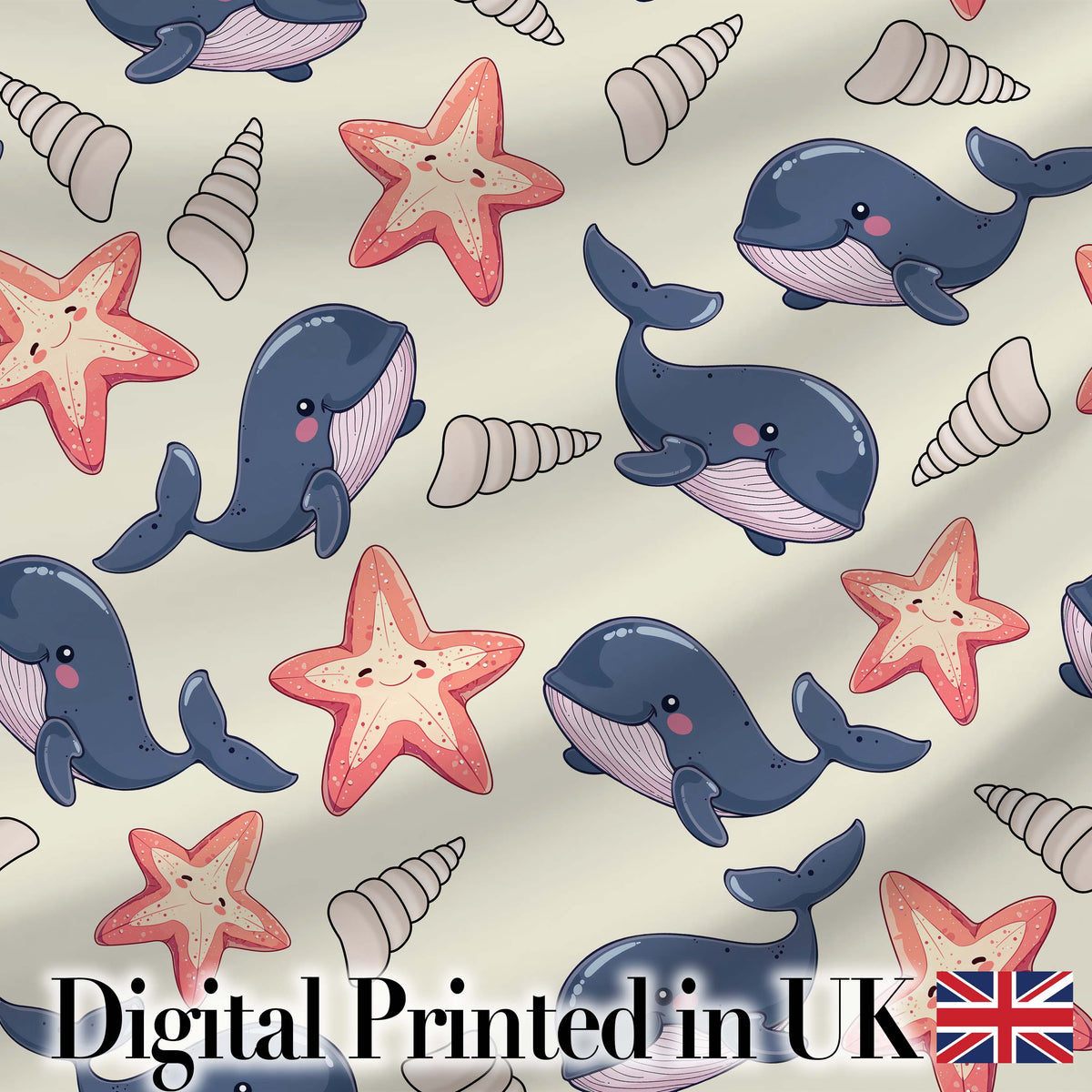 Cute Kawaii Whale Starfish Seashell Ocean Animals Beige Background Pattern Digital Print Fabric by the Metre UK Sewing Quilting Textile
