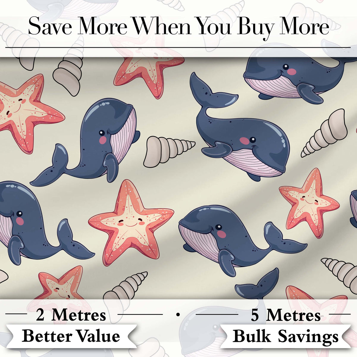 Cute Kawaii Whale Starfish Seashell Ocean Animals Beige Background Pattern Digital Print Fabric by the Metre UK Sewing Quilting Textile