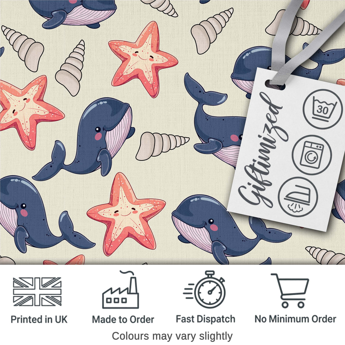 Cute Kawaii Whale Starfish Seashell Ocean Animals Beige Background Pattern Digital Print Fabric by the Metre UK Sewing Quilting Textile