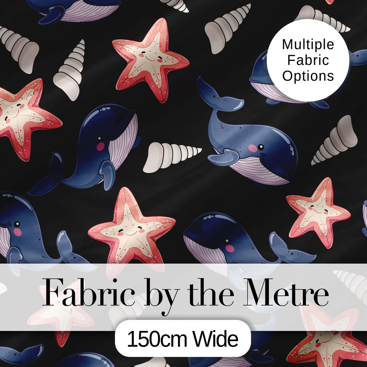 Cute Kawaii Whale Starfish Seashell Ocean Animals Black Background Pattern Digital Print Fabric by the Metre UK Sewing Quilting Textile