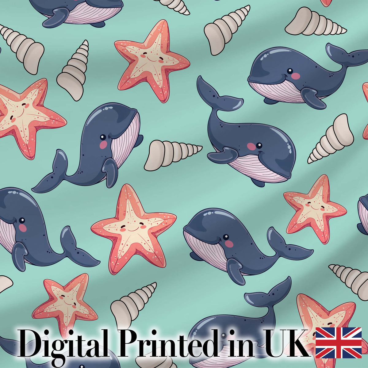 Cute Kawaii Whale Starfish Seashell Ocean Animals Mint Background Pattern Digital Print Fabric by the Metre UK Sewing Quilting Textile