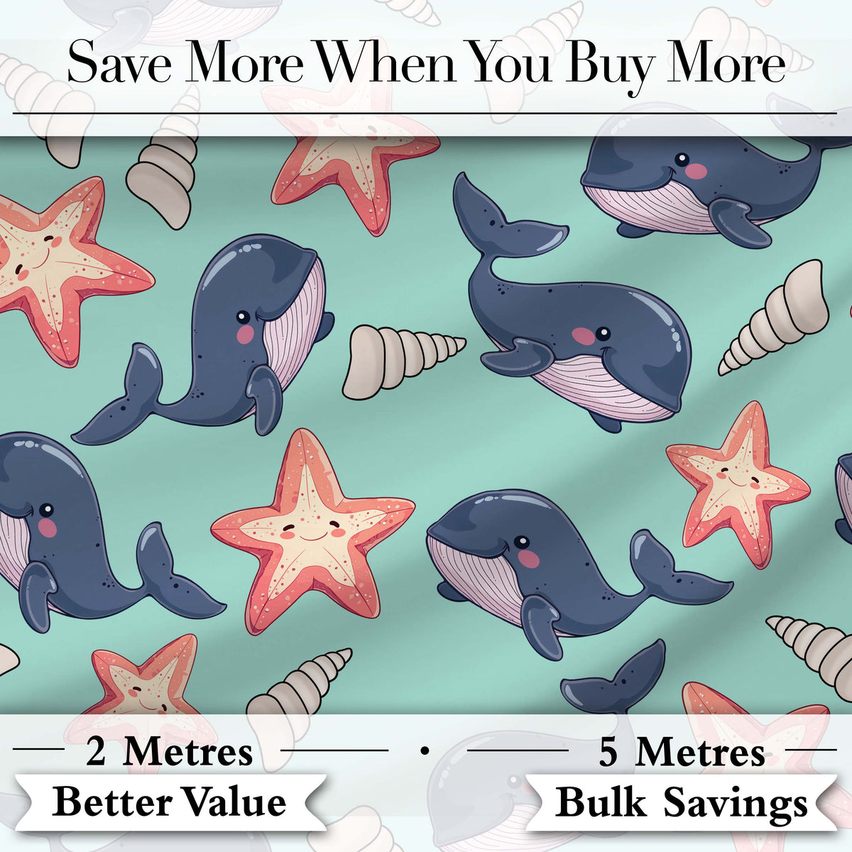 Cute Kawaii Whale Starfish Seashell Ocean Animals Mint Background Pattern Digital Print Fabric by the Metre UK Sewing Quilting Textile