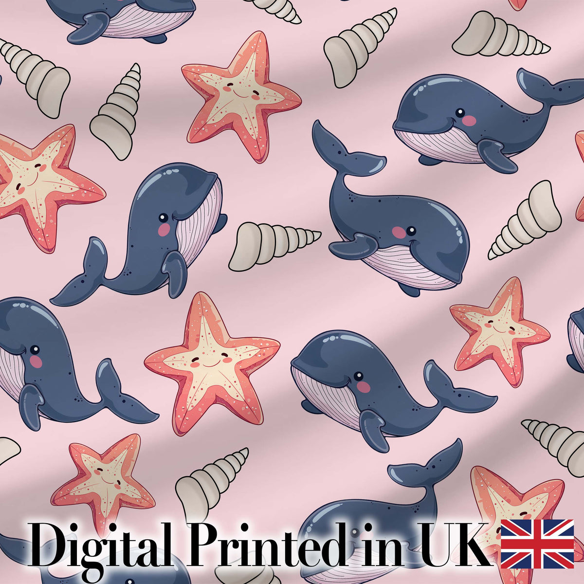 Cute Kawaii Whale Starfish Seashell Ocean Animals Pink Background Pattern Digital Print Fabric by the Metre UK Sewing Quilting Textile