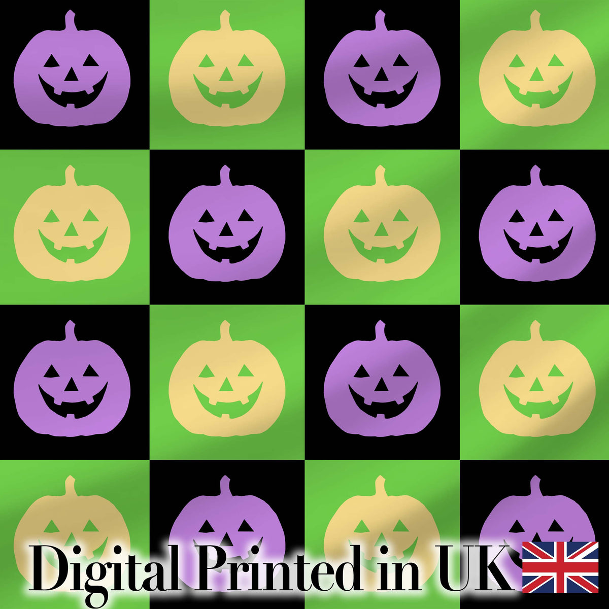 Cute Halloween Pumpkin Faces Green Black Checker Seamless Pattern Digital Print Fabric by the Metre UK Sewing Quilting Textile
