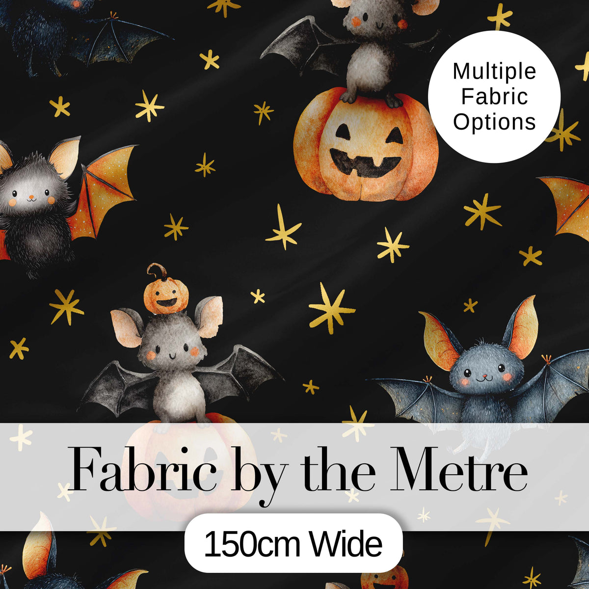 Cute Halloween Bats Sitting on Pumpkins with Stars Black Background Pattern Digital Print Fabric by the Metre UK Sewing Quilting Textile