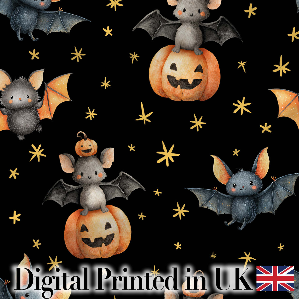 Cute Halloween Bats Sitting on Pumpkins with Stars Black Background Pattern Digital Print Fabric by the Metre UK Sewing Quilting Textile